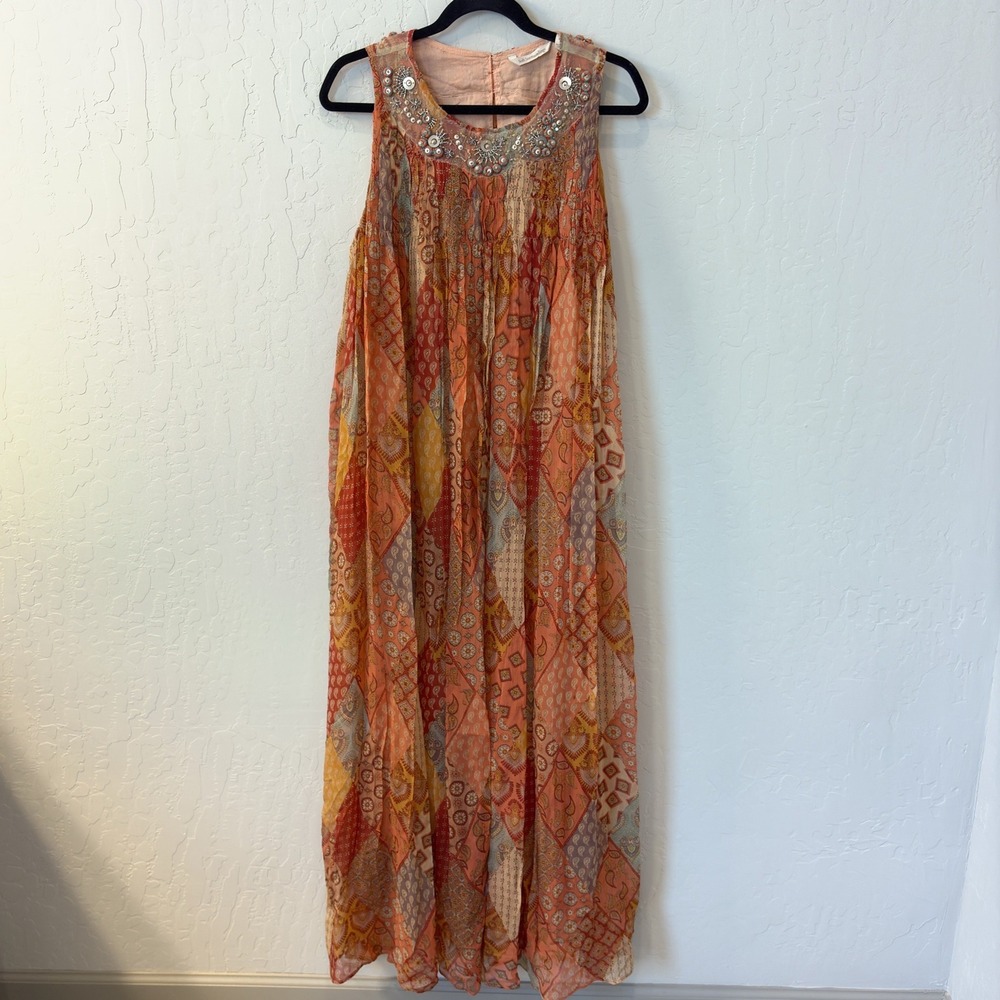 Soft Surroundings‎ Vanessa Boho Beaded Floral Paisley Patchwork Maxi Dress Sz M